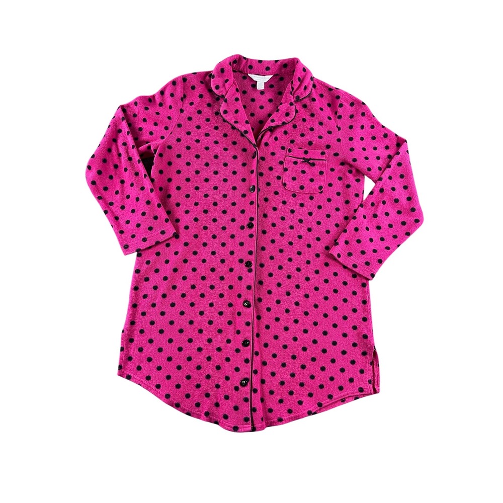 Charter Club Intimates Pink Polka Dot Fleece Nightshirt Button Front Medium
